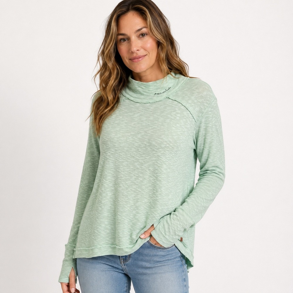 Peace Love World Top Small Mint Green Gratitude Heals Mock Neck Thumbhole Slub